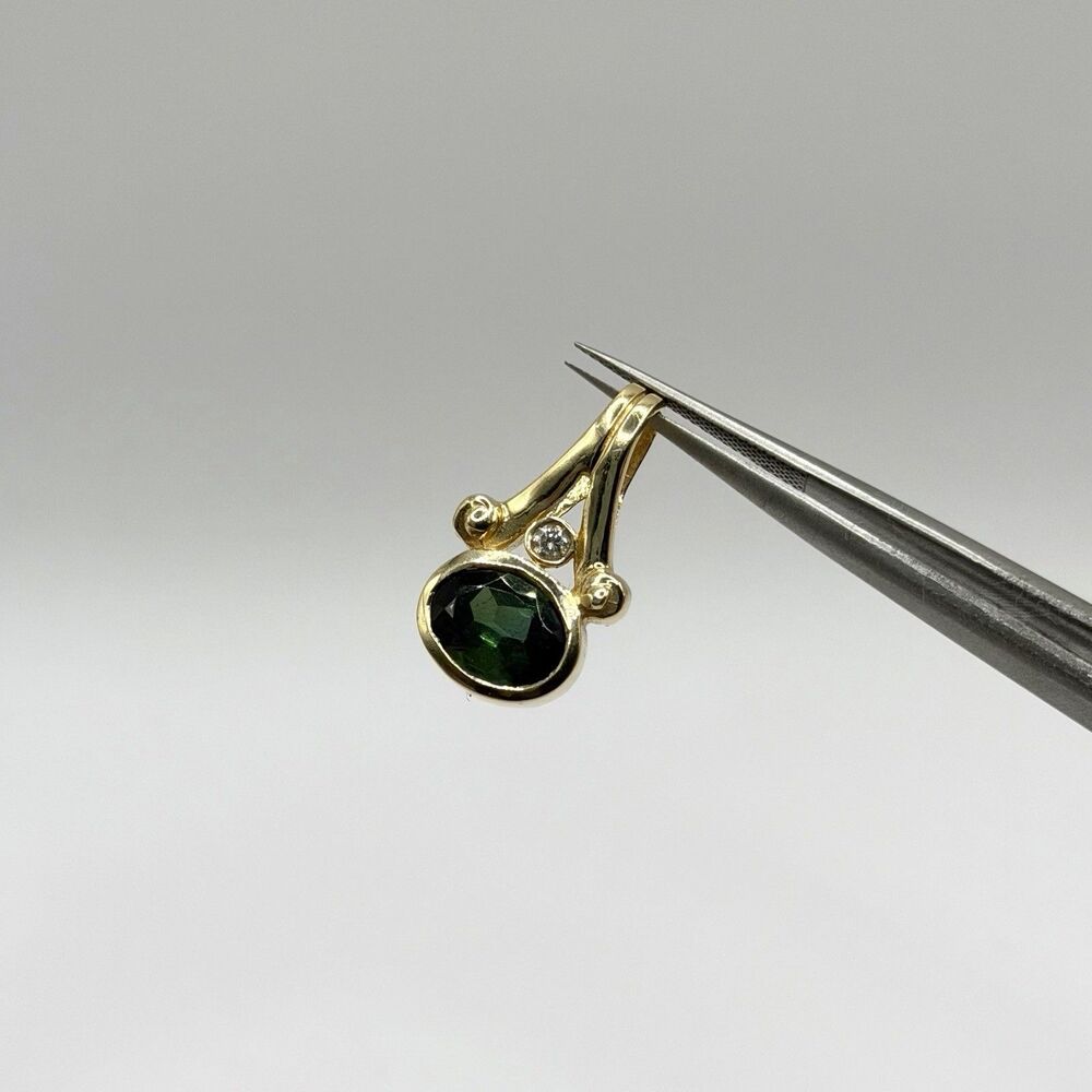14K Gold Green Tourmaline & Diamond Pendant Acid Tested
